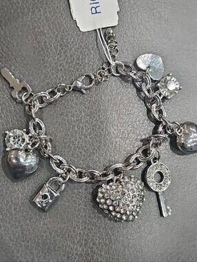 Silver Crystal Charm Bracelet with Heart and Key Charms